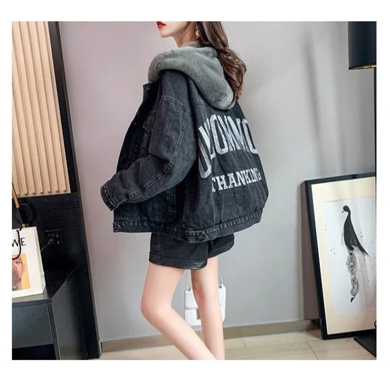 Plus Velvet Thickening 2022 Winter Denim Jacket Women's Hooded Embroidery Loose Warm Cotton Clothes Cotton Clothes Ins Tide W228