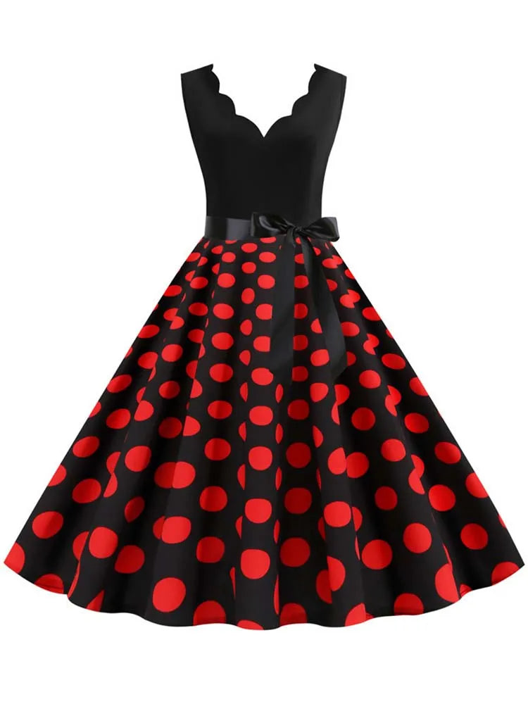 Women Dot Print Dress Summer Sexy V-neck Sleeveless Elegant Vintgae Party Dress Vestidos  S~3XL Robe Femme