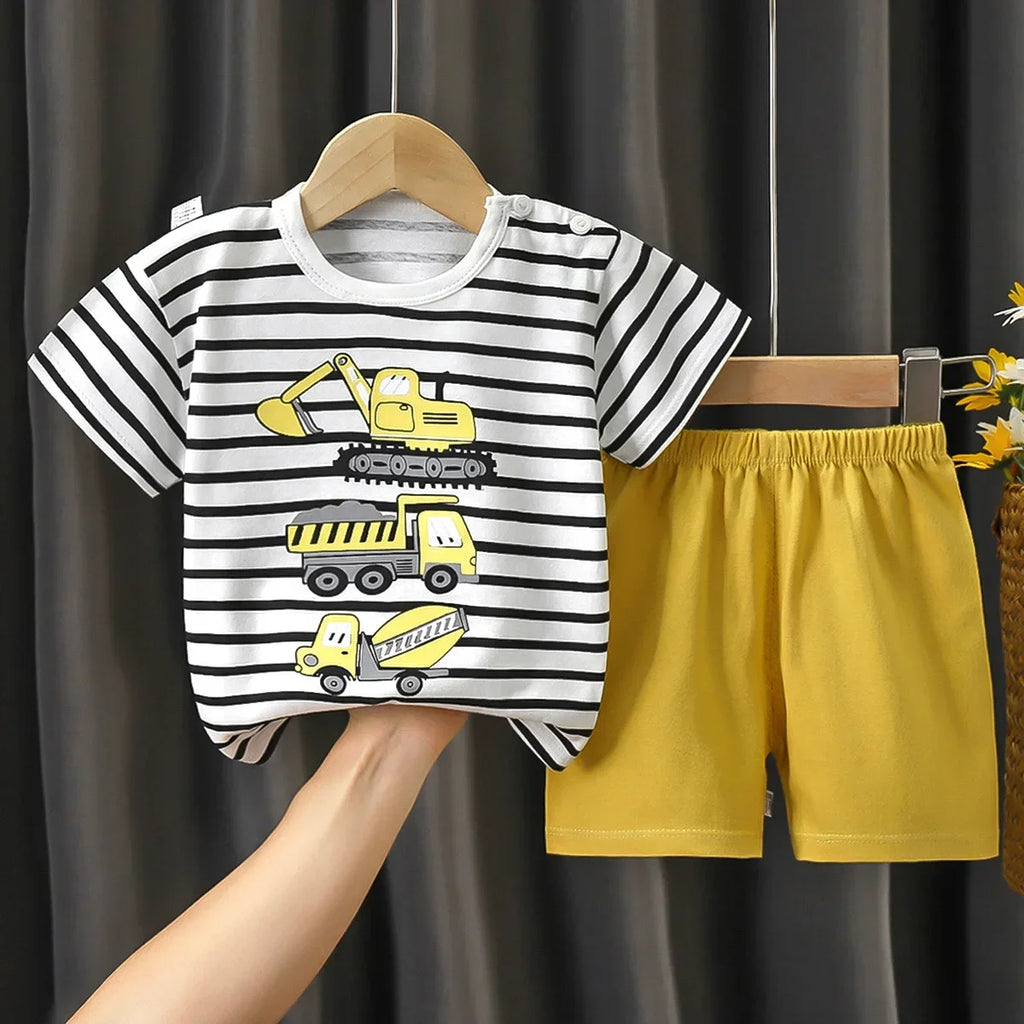 2-6 Years Baby Girl Summer Set Children's Short-sleeved Shorts Suit Cotton T-shirt Little Girls Unicorn Giraffe Cartoon Set