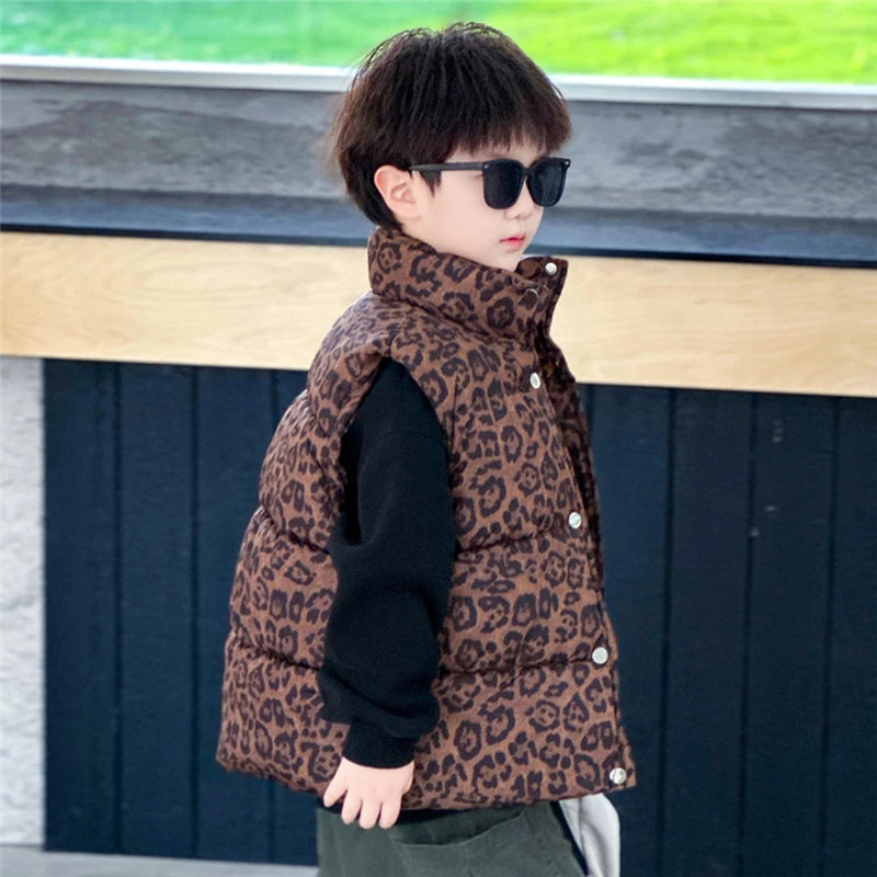 New Fashion Baby Boy Girl Leopard Print Sleeveless Vest Elegant Kids Children Winter Waistcoat Age 2 3 4 5 6 7 8 9 10 11 Years