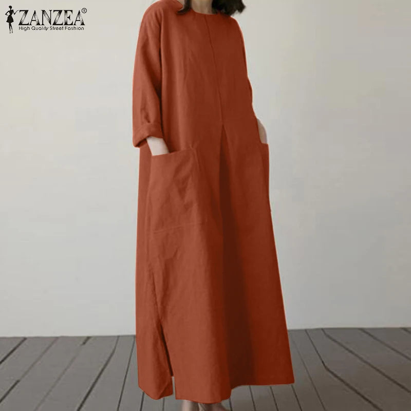 2024 ZANZEA Fashion Summer Vintage Women Solid 3/4 Sleeve Sundress Baggy Loose Casual Dress Oversize Vestidos Kaftan Robe Femme