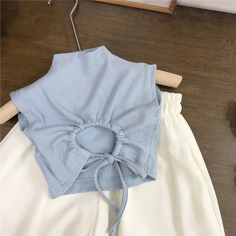 Children's Clothing sets 2-7 Years Backless Sleeveless T-Shirt & White Wide Leg Pants Summer Outfit Toddler Infant Clothing Set