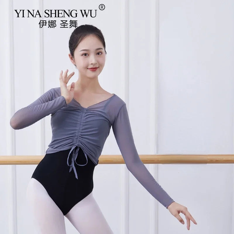 Ballet Adult Gymnastics Dance Top Long Sleeve Mesh Tops Women Transparent V Neck Drawstring Dancewear Practice Tops Costumes