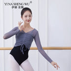 Ballet Adult Gymnastics Dance Top Long Sleeve Mesh Tops Women Transparent V Neck Drawstring Dancewear Practice Tops Costumes
