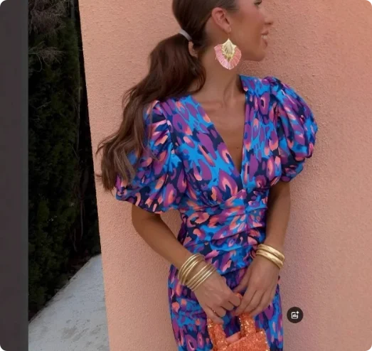 Elegant Women's Dresses Summer Print V-neck Tight Short Sleeved Women Retro Vestidos De Fiestas Vacation Mujer Robe Femmes Party