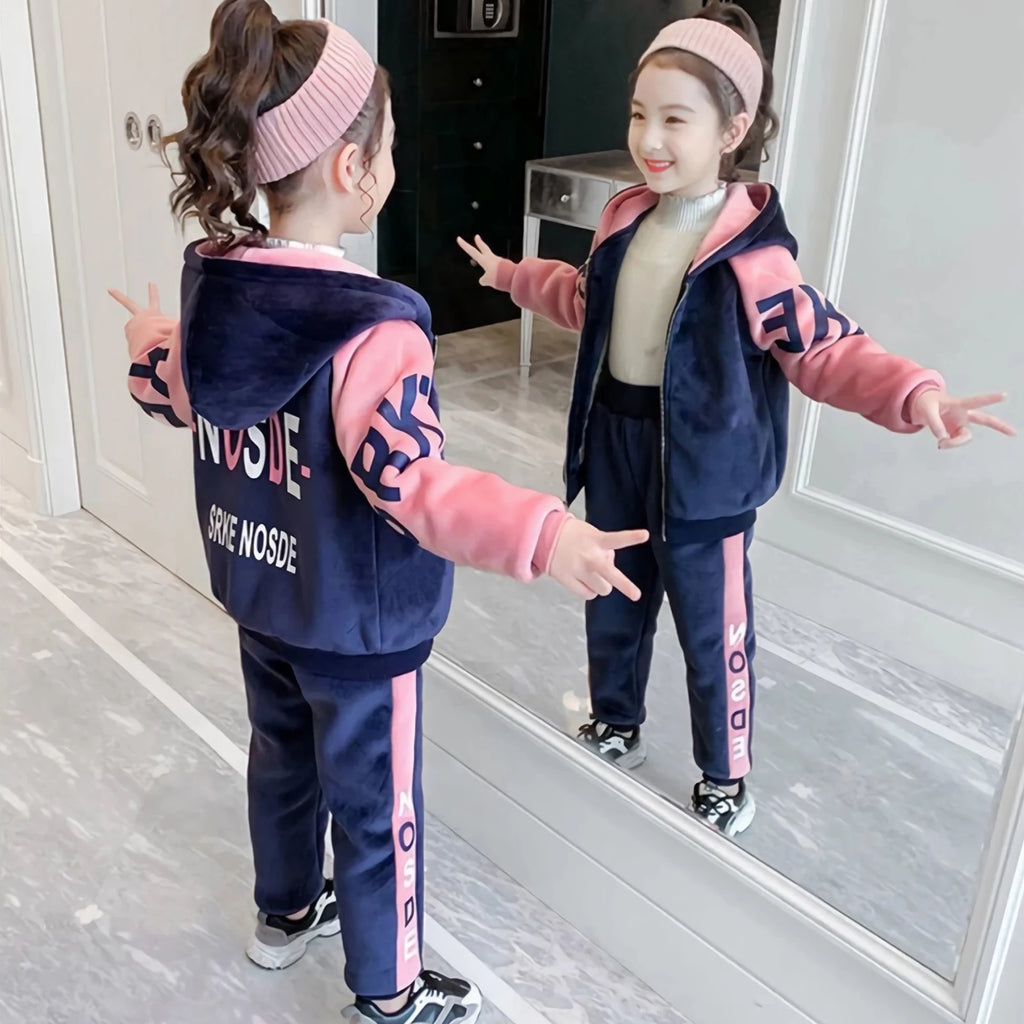 Kids Velvet Tracksuits,Cotton Jogging Suits,2-Piece Hooded Long Sleeve Sweatshirt + Pants Set,Girls Jacket,Casual Sports Wear
