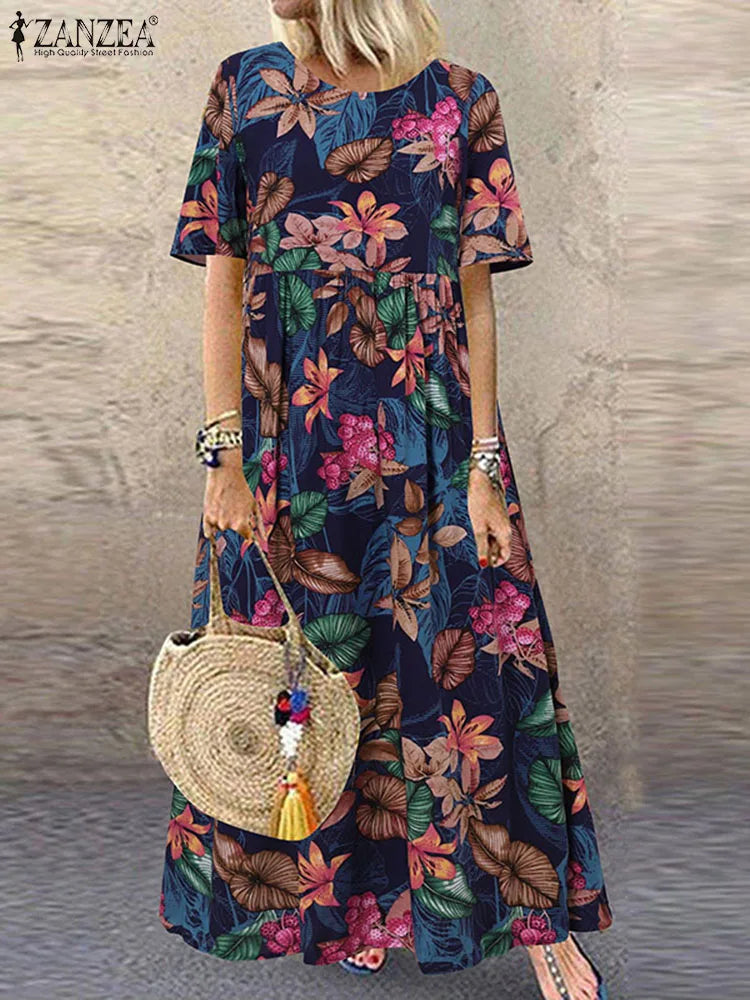 2025 ZANZEA Bohemian Holiday Sundress Summer Women Vintage Floral Printed Short Sleeve Beach Dress Loose Long Vestido Robe Femme