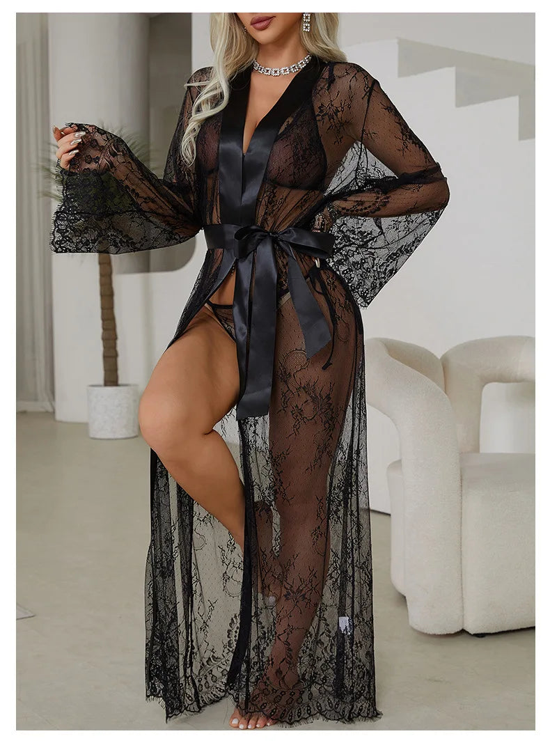 Women's Sheer Lace Robe Sexy See Through Nightgown with Jacquard Lace Floral Trim Satin Lounge Dress for Kimono Robe Home Wear