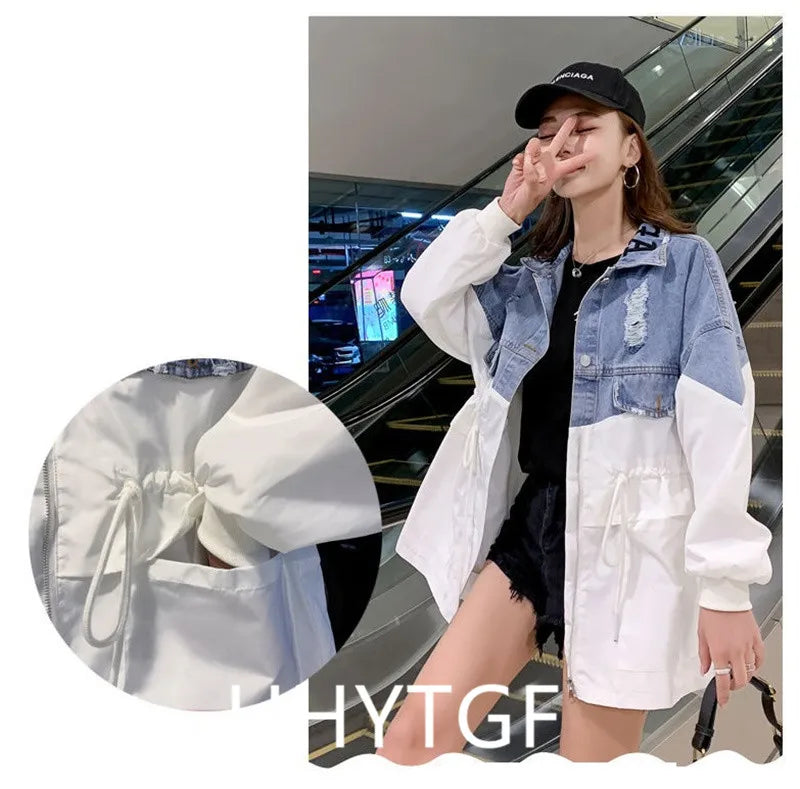 Veste Jean Femme Mi-Longue – Casual Grande Taille Printemps Automne S-3XL