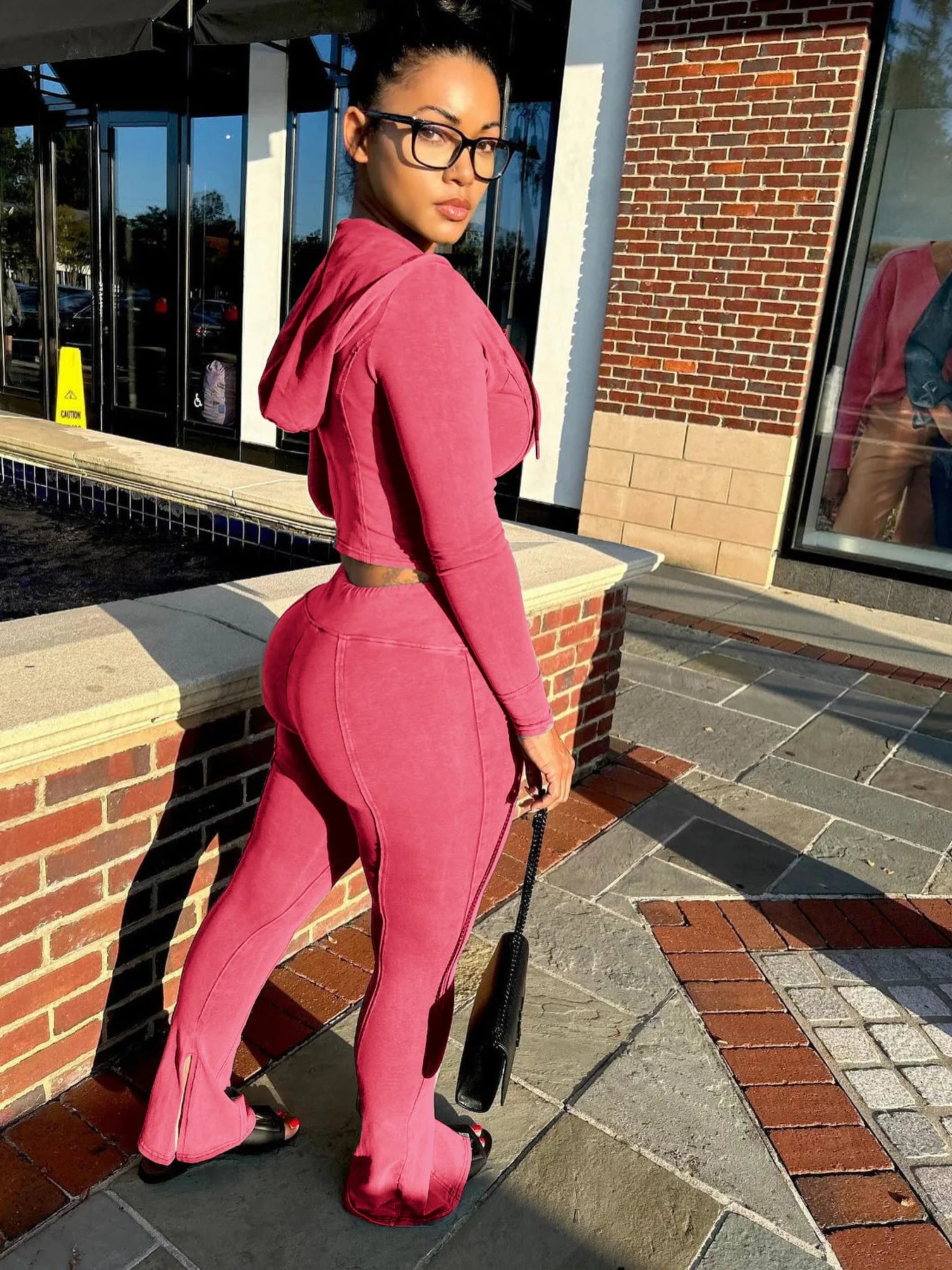 Ensemble 2 Pièces Femme – Veste À Capuche + Pantalon Évasé Taille Haute Sport