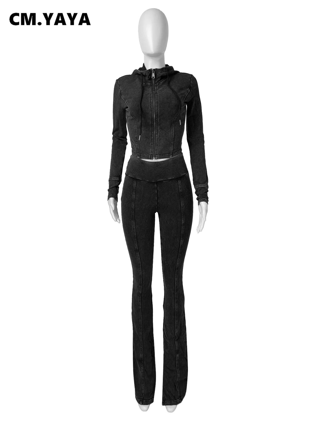 Ensemble 2 Pièces Femme – Veste À Capuche + Pantalon Évasé Taille Haute Sport