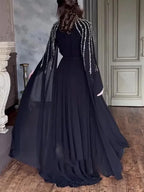 Women Robe Dress Hot Drills Long Shawl Sleeves Chiffon Party Middle