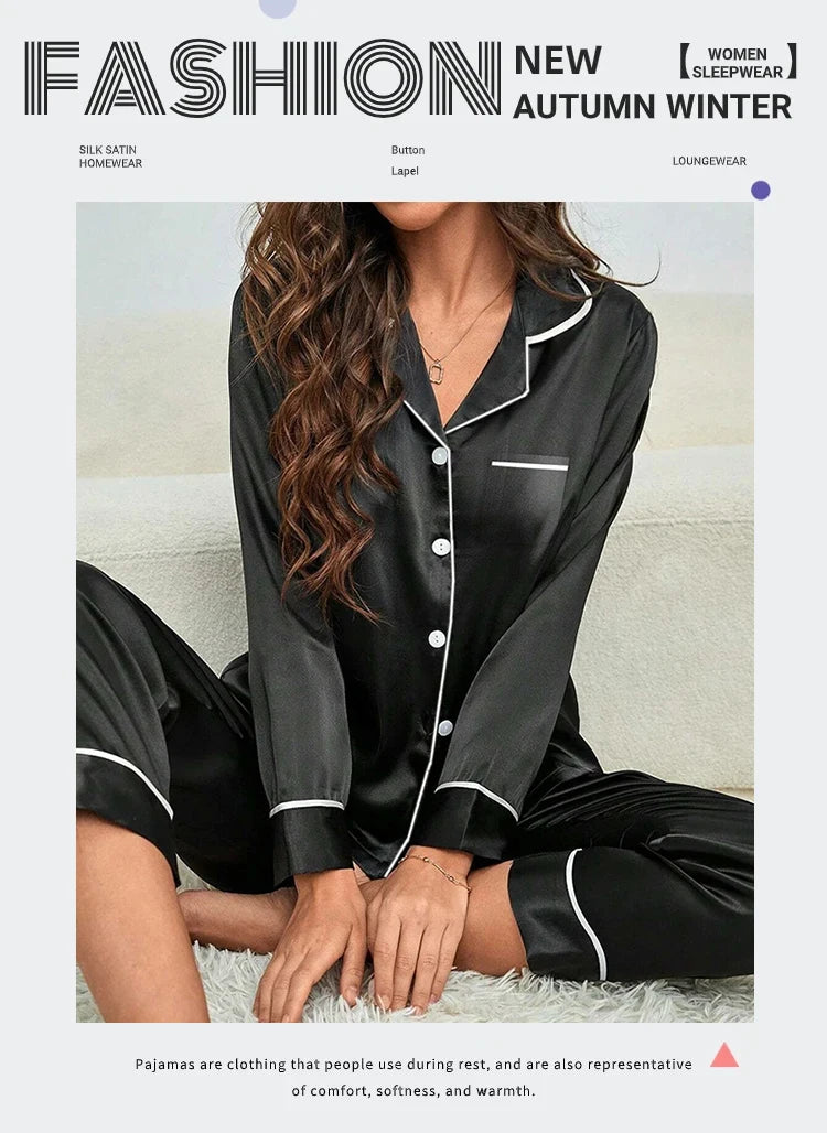Plus Size Autumn and Winter Silk Pajamas Women Tops and Pants Solid Casual Soft Nightwear Buttons Cardigan Sleepwear Homewear