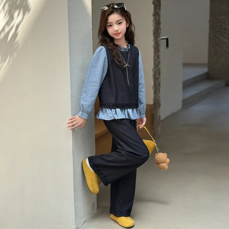 Back To School Clothing for Girls Outfits Set Toddler Kids Vest +Blue Shirt + Pants 3pcs Teens Kids Costumes Spring Autumn 2025