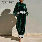 Round Neck Velvet Set Women Balloon Long Sleeve Scallop Lace Hem Top & Wide Leg Pants Suit Elegant Casual Holiday 2 Piece Outfit