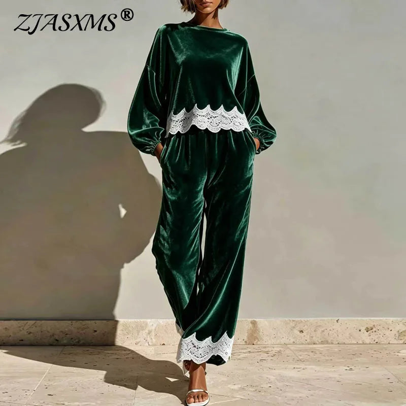 Round Neck Velvet Set Women Balloon Long Sleeve Scallop Lace Hem Top & Wide Leg Pants Suit Elegant Casual Holiday 2 Piece Outfit