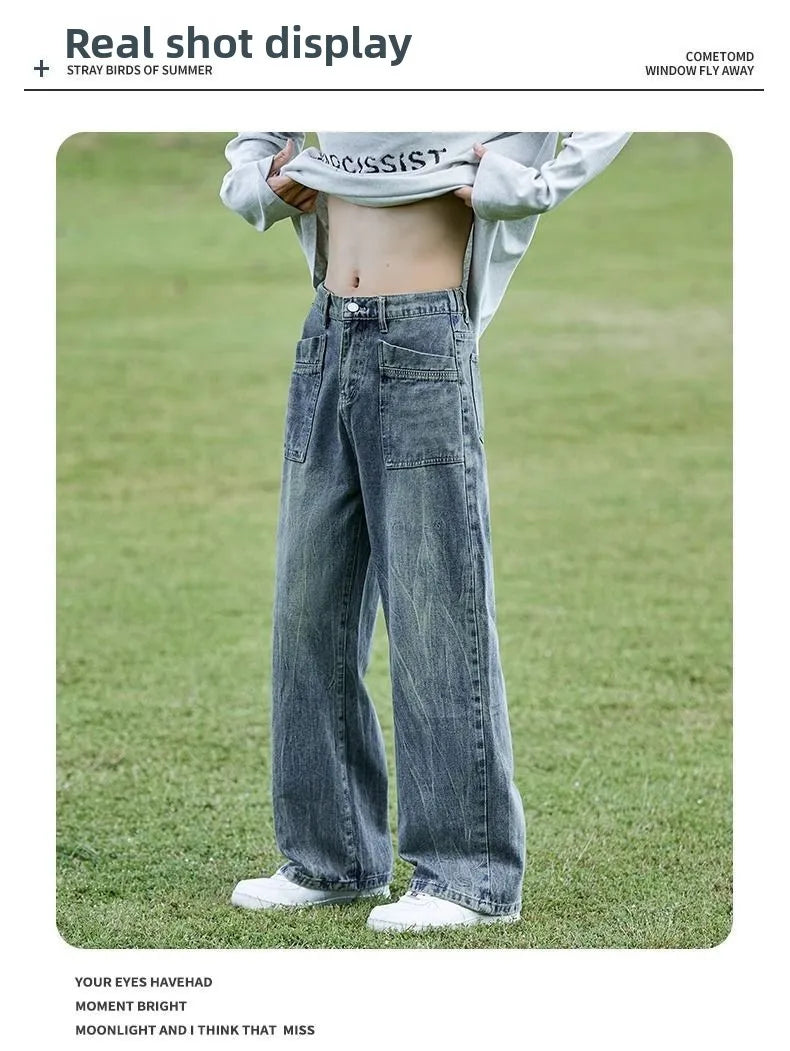 Retro Washed Cracked Jeans Men's Trendy Brand Ruffian Handsome High Street Pants Loose Straight Trousers Baggy Jeans for Man