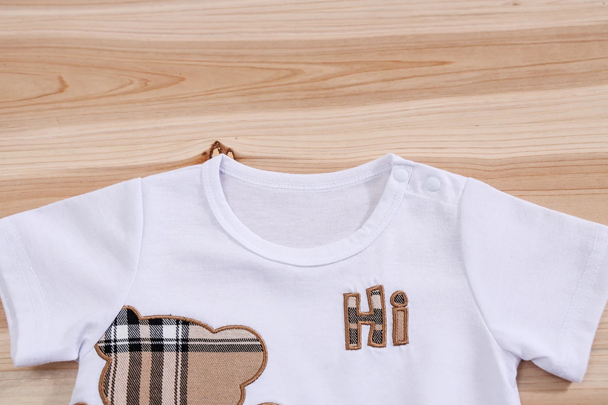 2pcs IURNXB Baby Clothes Set Infant Short Sleeve Tees+Shorts Cartoon Checked Bear Print Cute Kids Tops Pants Casual Suits 3-24M