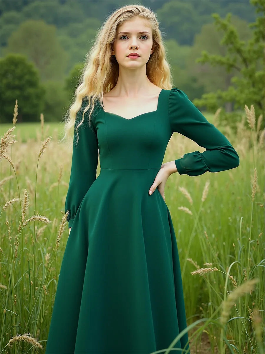 Women'S Dress Autumn Woman Long Sleeve Square Collar Elegant Beautiful Feminine Pretty Sweet Lovely Cute Fancy Exquisite Simple