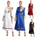 Costume femme à robe longue – Col montant et détails dorés
