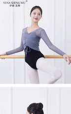 Ballet Adult Gymnastics Dance Top Long Sleeve Mesh Tops Women Transparent V Neck Drawstring Dancewear Practice Tops Costumes