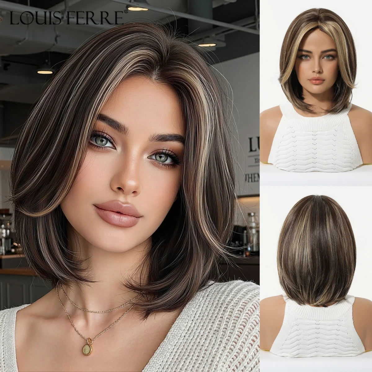LOUIS FERRE Short Blonde Highlight Brown Bobo Wigs For Women Daily Cosplay Natural Straight Wig High Temperature Synthetic Wigs