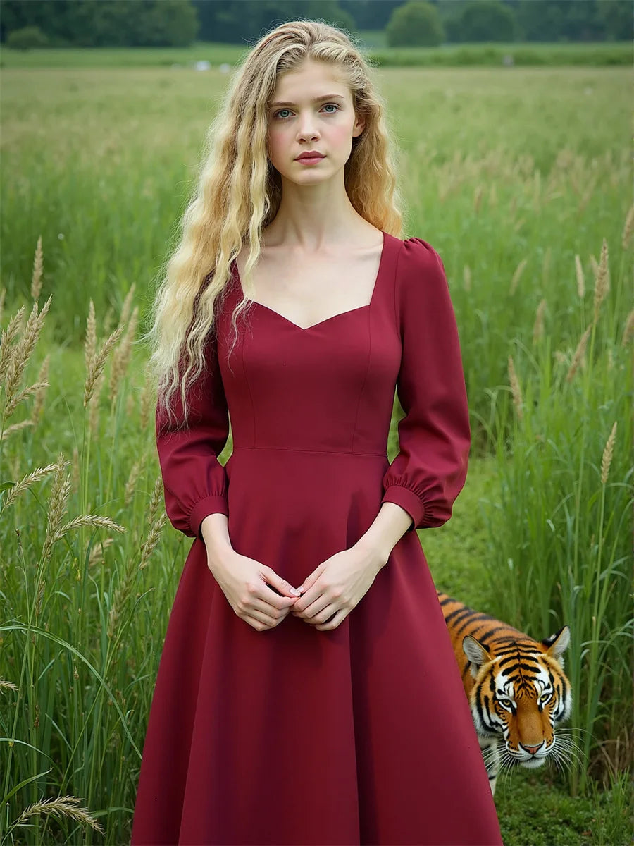 Women'S Dress Autumn Woman Long Sleeve Square Collar Elegant Beautiful Feminine Pretty Sweet Lovely Cute Fancy Exquisite Simple