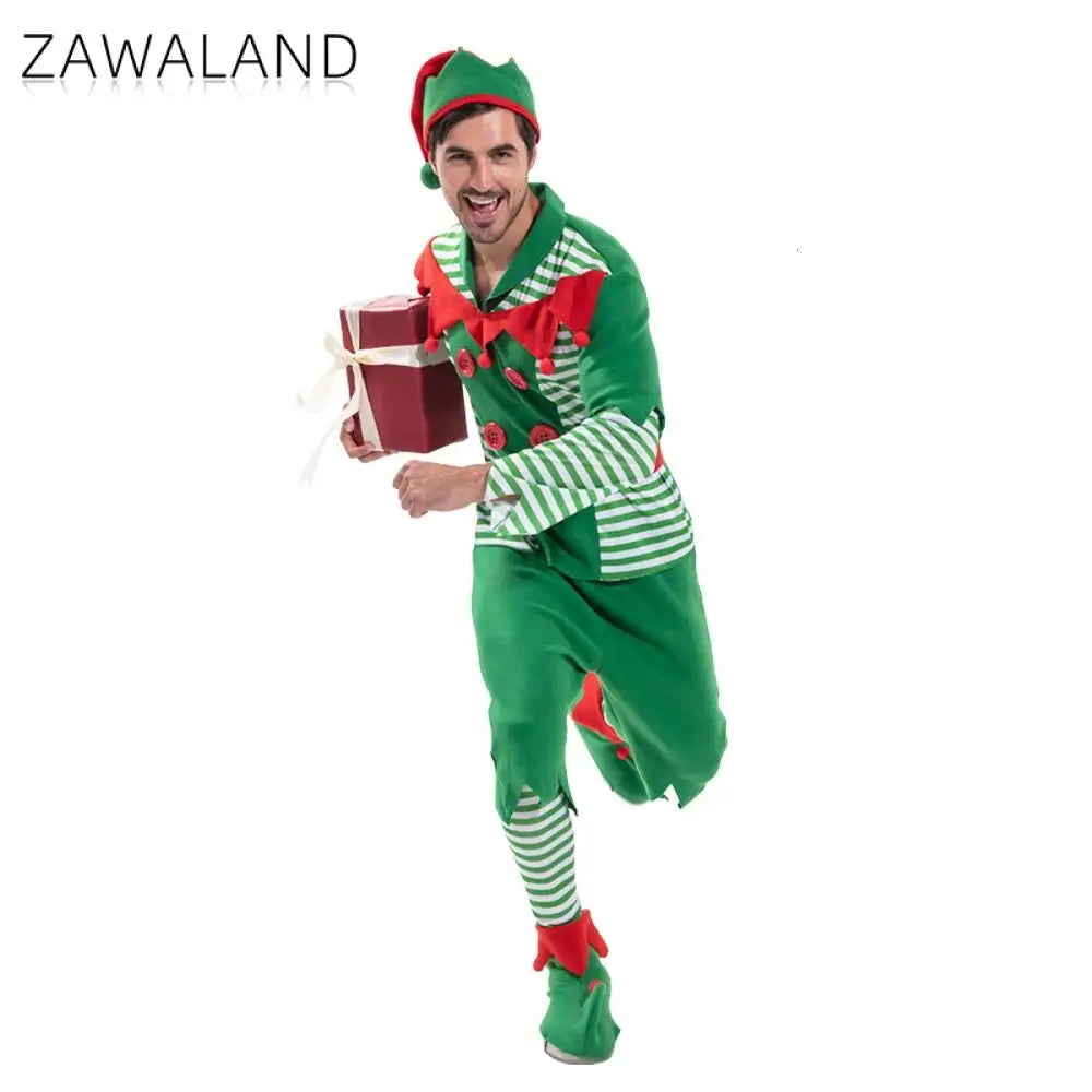 Zawaland Christmas Elf Costumes Dress Belt Hat Cosplay Family couple Carnival Party New Year Fancy Dress Up Set For Men Women