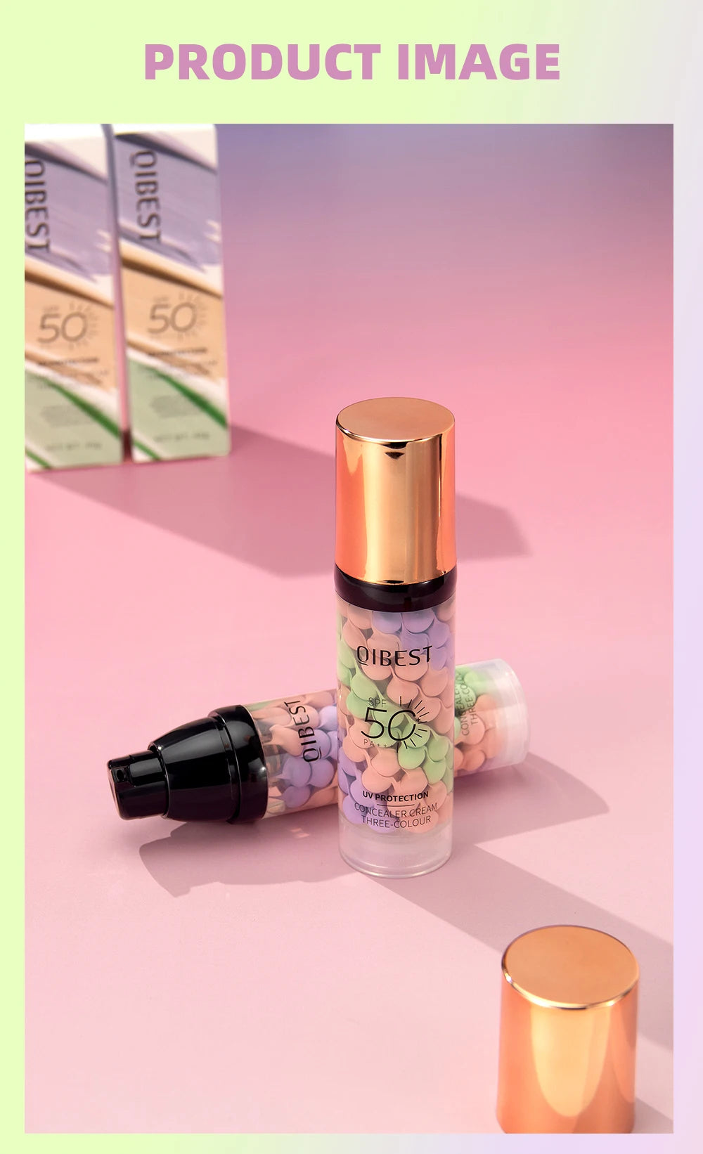 QIBEST Face Makeup Primer Tri-color Cream Brighten Contour Color Isolation Waterproof Foundation Natural Makeup Base Cream