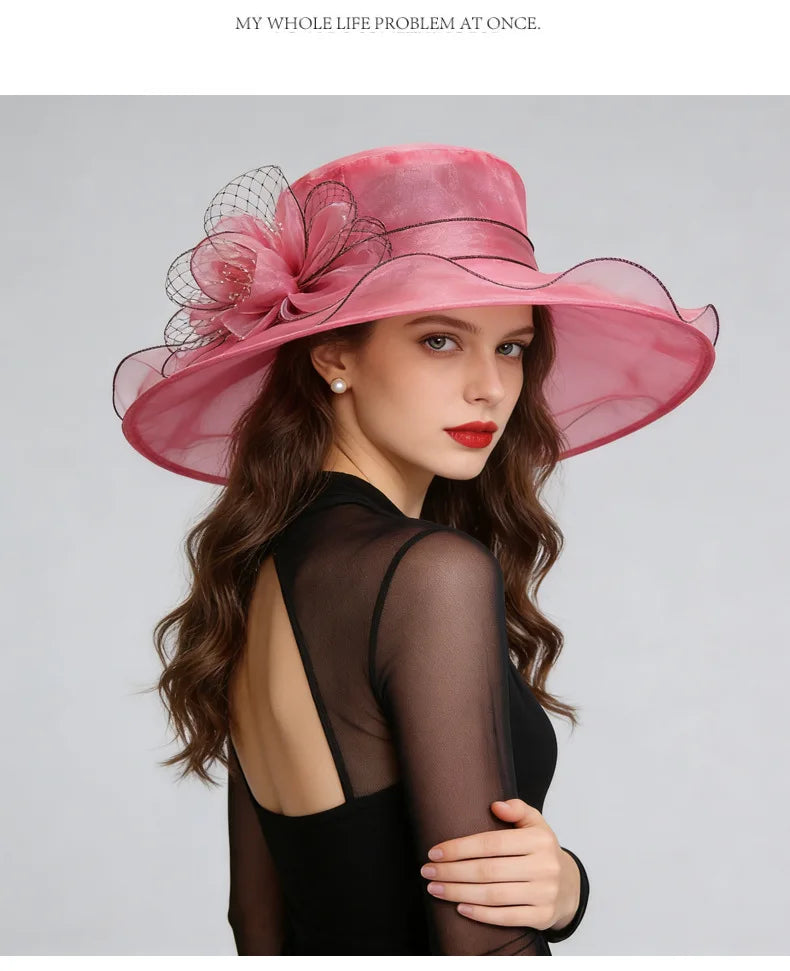  French Vintage Women Foldable Organza Church Derby Hat Ruffles Wide Brim Uv Protection Sun Hat  Ladies Outdoor Styling