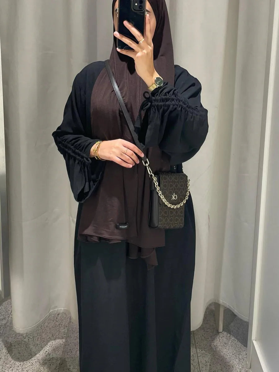 Vestidos Muslim Women Dubai Abaya Drawstring Sleeve Long Dress Kaftan Solid Modest Ramadan Robe Plus Size Femme Islamic Clothing