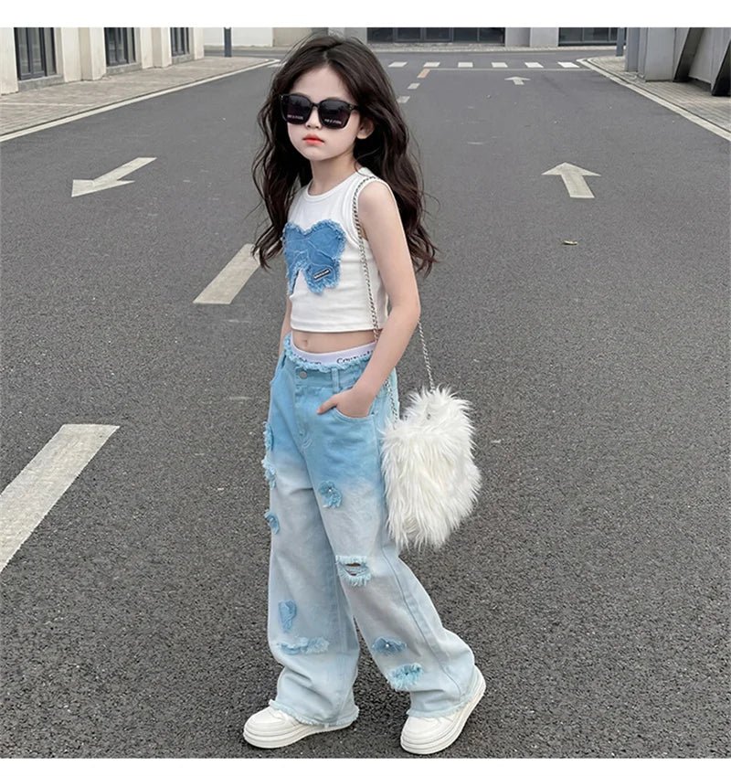 Teenage Girls Clothing Sets Hot Deals Bow Crop Top+Hole Wide Leg Jeans with Butterfly 2Pcs Fashion Gradient Child Clothes Suits