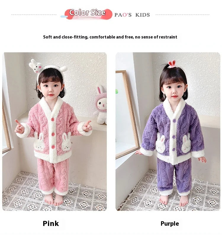 Pyjama Fille Flanelle Motif Lapin – Chaud Kawaii Automne Hiver 90-130cm
