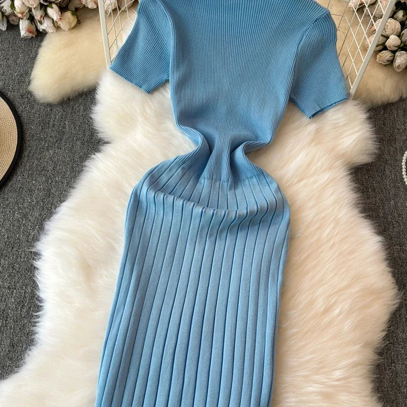 Elegant Knitted Long Dress Women Summer V Neck Single Breatsed Short Sleelve Bodycon Dresses Fashion Party Office Lady Vestidos