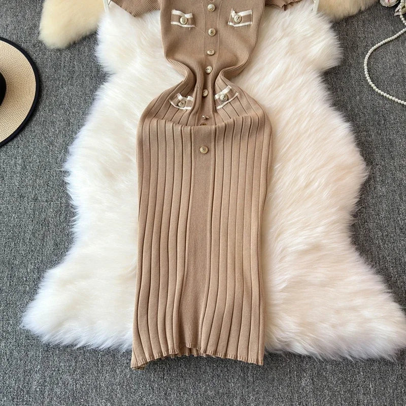 Elegant Knitted Long Dress Women Summer V Neck Single Breatsed Short Sleelve Bodycon Dresses Fashion Party Office Lady Vestidos