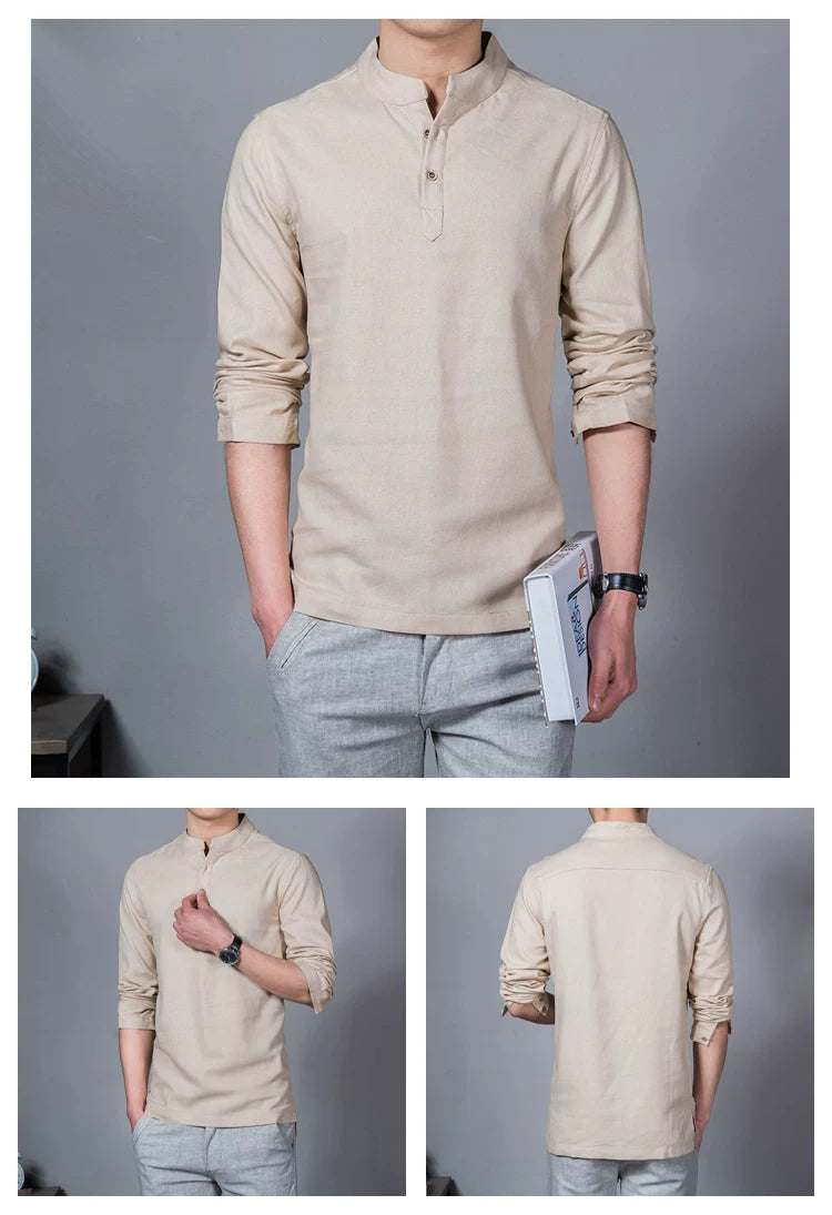 Men's Clothing  Men Spring Tops & Tees Male Fashion T-Shirts Stand Collar Long-sleeved Slim Base Shirt Homme Linen t-shirt