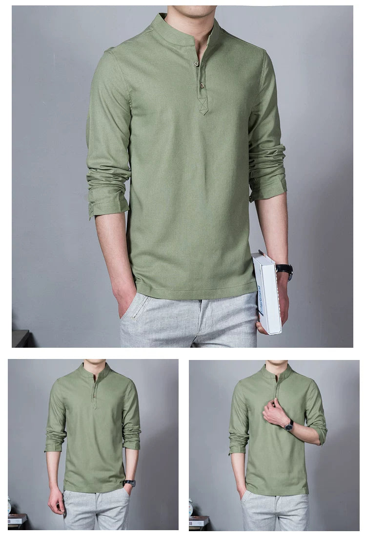 Men's Clothing  Men Spring Tops & Tees Male Fashion T-Shirts Stand Collar Long-sleeved Slim Base Shirt Homme Linen t-shirt