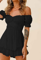 Combinaison Short Femme Boho – Romper Chiffon Épaules Dénudées Volants