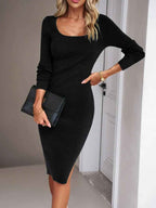 Robe Midi Côtelée Noire Manches Longues – Fente Latérale Femme
