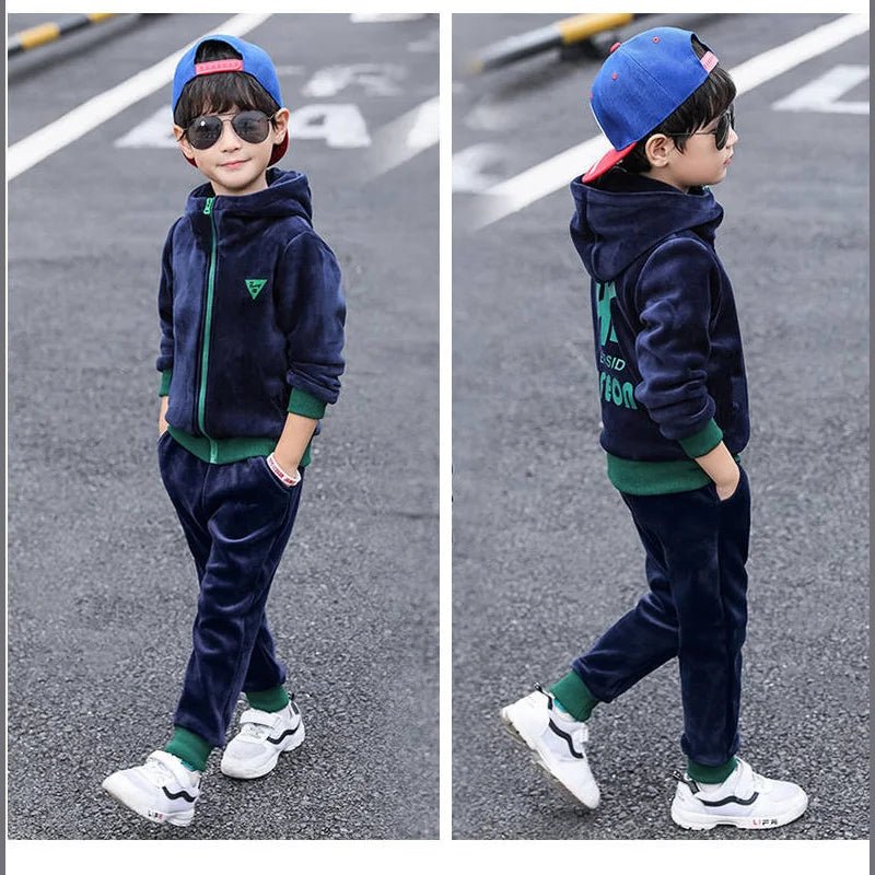 Boys Double-sided Velvet Sets Children Fashion Casual Hooded Suit Kids Autumn Winter Jackets+Pants 2Pcs Outfits Teenager Clothes - Astra Wear astrawear.ca