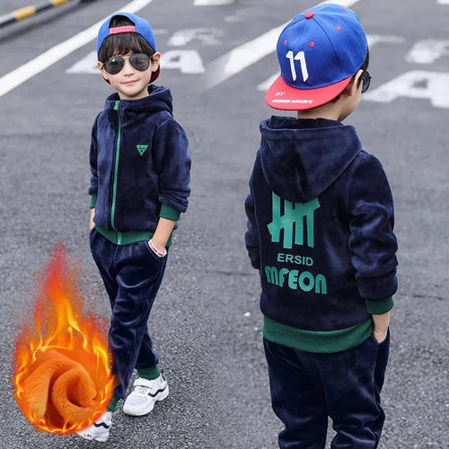 Boys Double-sided Velvet Sets Children Fashion Casual Hooded Suit Kids Autumn Winter Jackets+Pants 2Pcs Outfits Teenager Clothes - Astra Wear astrawear.ca