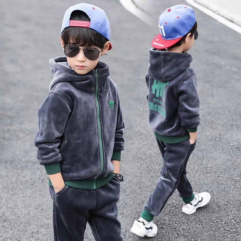 Boys Double-sided Velvet Sets Children Fashion Casual Hooded Suit Kids Autumn Winter Jackets+Pants 2Pcs Outfits Teenager Clothes - Astra Wear astrawear.ca