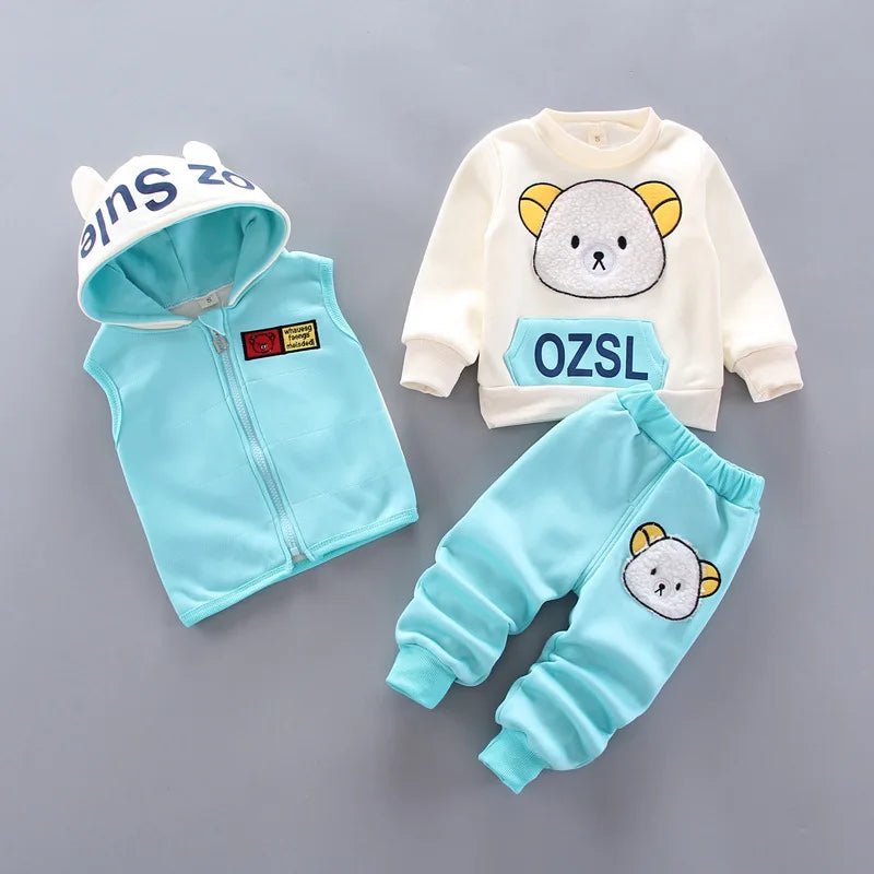 Boys Girls Cartoon Clothing Suits Baby Plus Velvet Jacket+Hooded Vest+ Pants 3Pcs Sets Kids Toddler Winter Sports Clothes 0-4Y - Astra Wear astrawear.ca