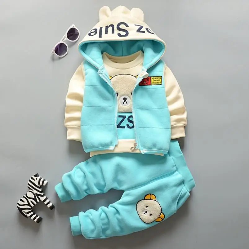 Boys Girls Cartoon Clothing Suits Baby Plus Velvet Jacket+Hooded Vest+ Pants 3Pcs Sets Kids Toddler Winter Sports Clothes 0-4Y - Astra Wear astrawear.ca