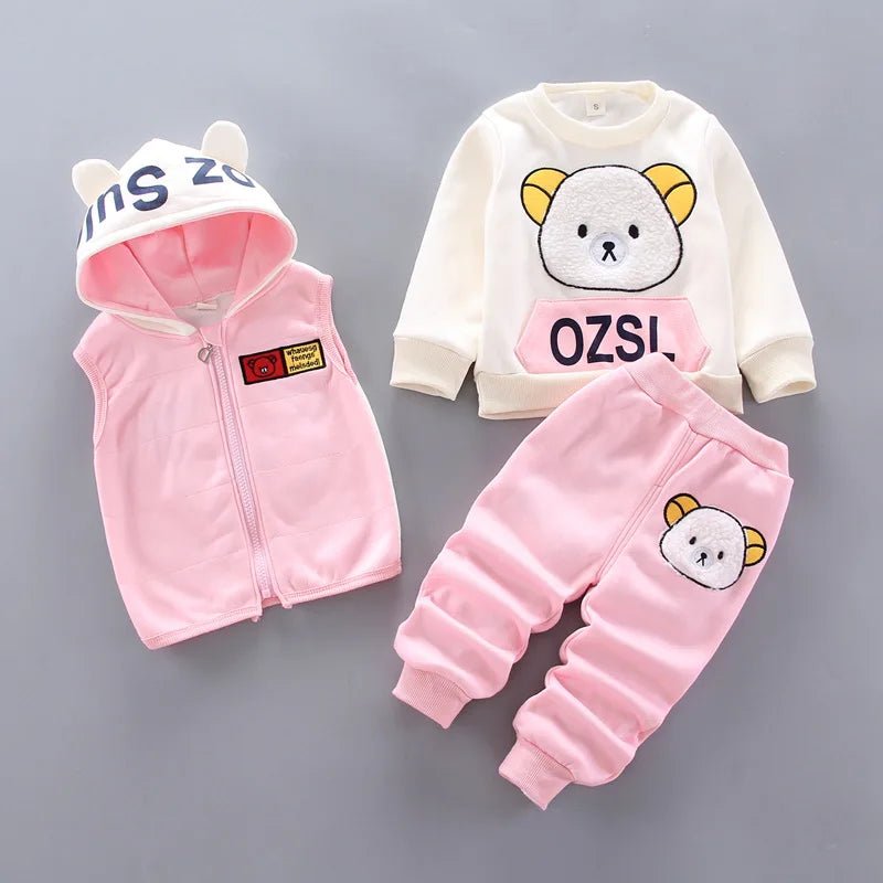 Boys Girls Cartoon Clothing Suits Baby Plus Velvet Jacket+Hooded Vest+ Pants 3Pcs Sets Kids Toddler Winter Sports Clothes 0-4Y - Astra Wear astrawear.ca