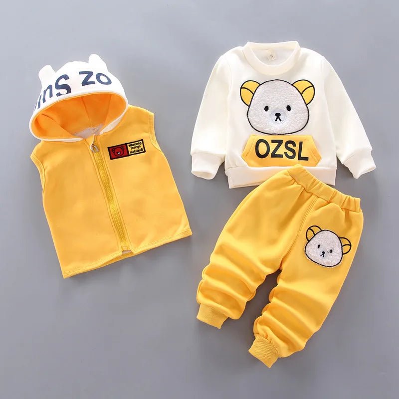 Boys Girls Cartoon Clothing Suits Baby Plus Velvet Jacket+Hooded Vest+ Pants 3Pcs Sets Kids Toddler Winter Sports Clothes 0-4Y - Astra Wear astrawear.ca