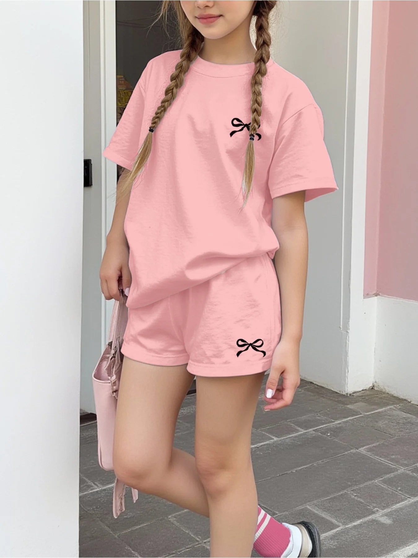 Casual Children's Clothing Set Solid Color Printed round Neck Short Sleeve Top with Wide Leg Shorts Pants for Kids - Astra Wear astrawear.ca