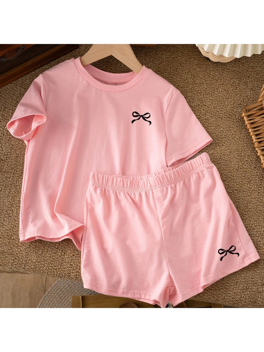 Casual Children's Clothing Set Solid Color Printed round Neck Short Sleeve Top with Wide Leg Shorts Pants for Kids - Astra Wear astrawear.ca