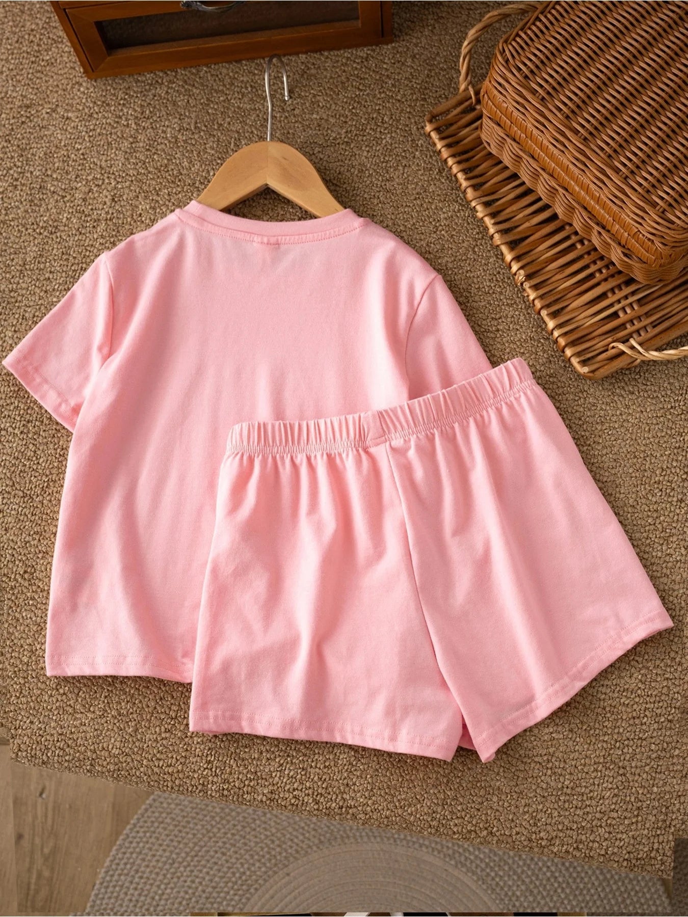 Casual Children's Clothing Set Solid Color Printed round Neck Short Sleeve Top with Wide Leg Shorts Pants for Kids - Astra Wear astrawear.ca