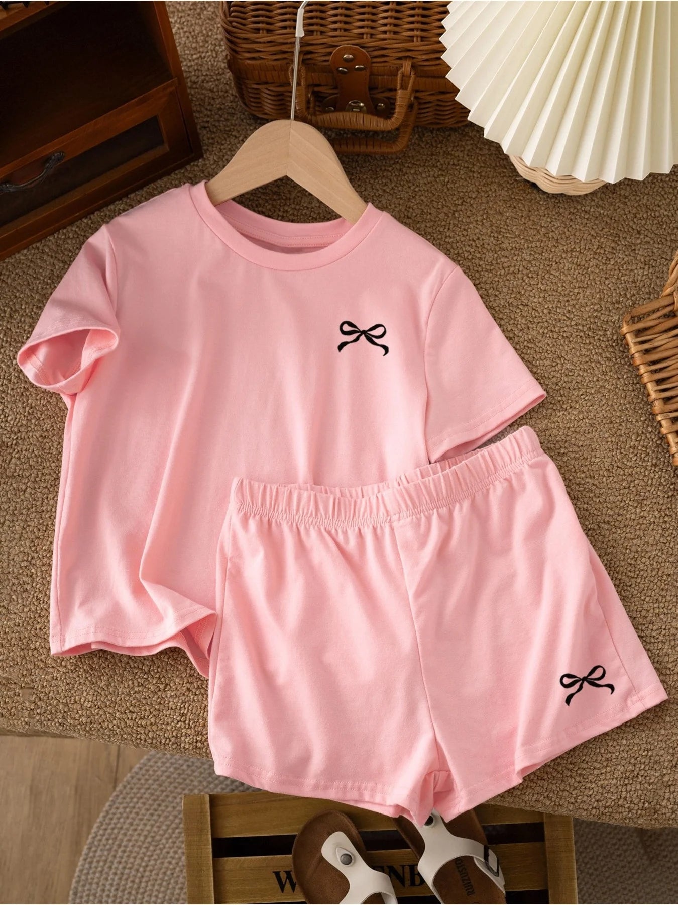 Casual Children's Clothing Set Solid Color Printed round Neck Short Sleeve Top with Wide Leg Shorts Pants for Kids - Astra Wear astrawear.ca